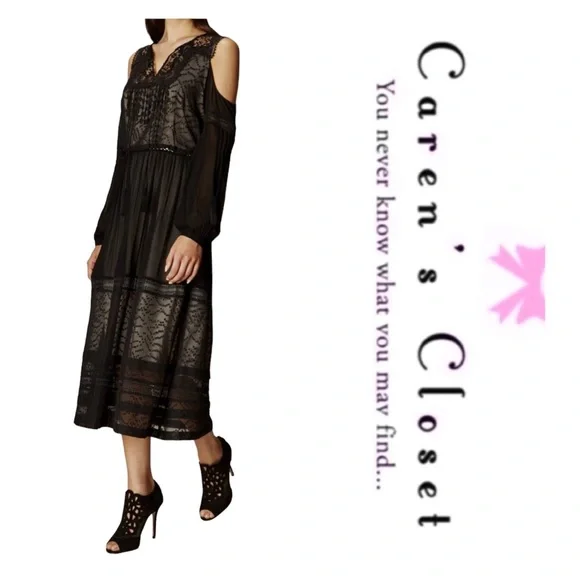 Karen Milan Black Chiffon Lace Cold Shoulder Midi Cocktail Dress - Picture 2 of 10